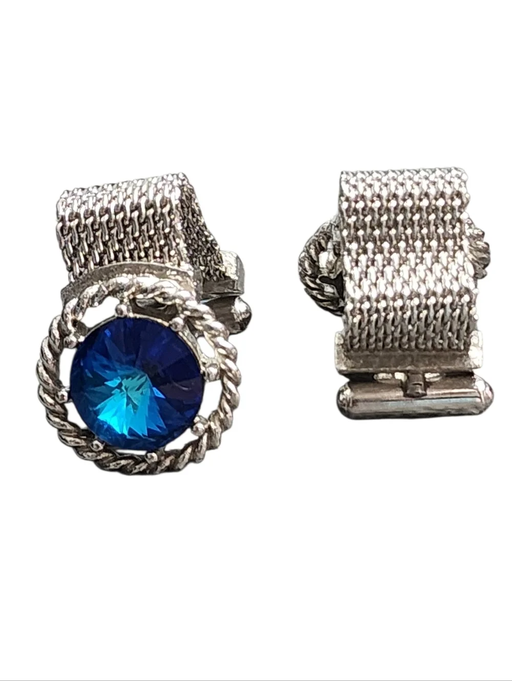 Dante Silvertone Tie Clip Cufflink Set Mesh Blue Rivoli Crystals Vintage